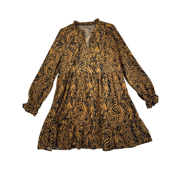 SHEIN Dresses & Skirts - Women Tiger Print Mini Dress Orange Black Long Sleeve Tiered Babydoll L